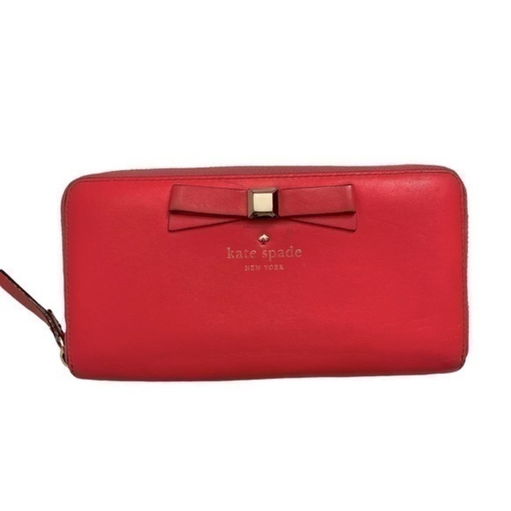 Kate spade red leather zipper clutch accordion bow wallet